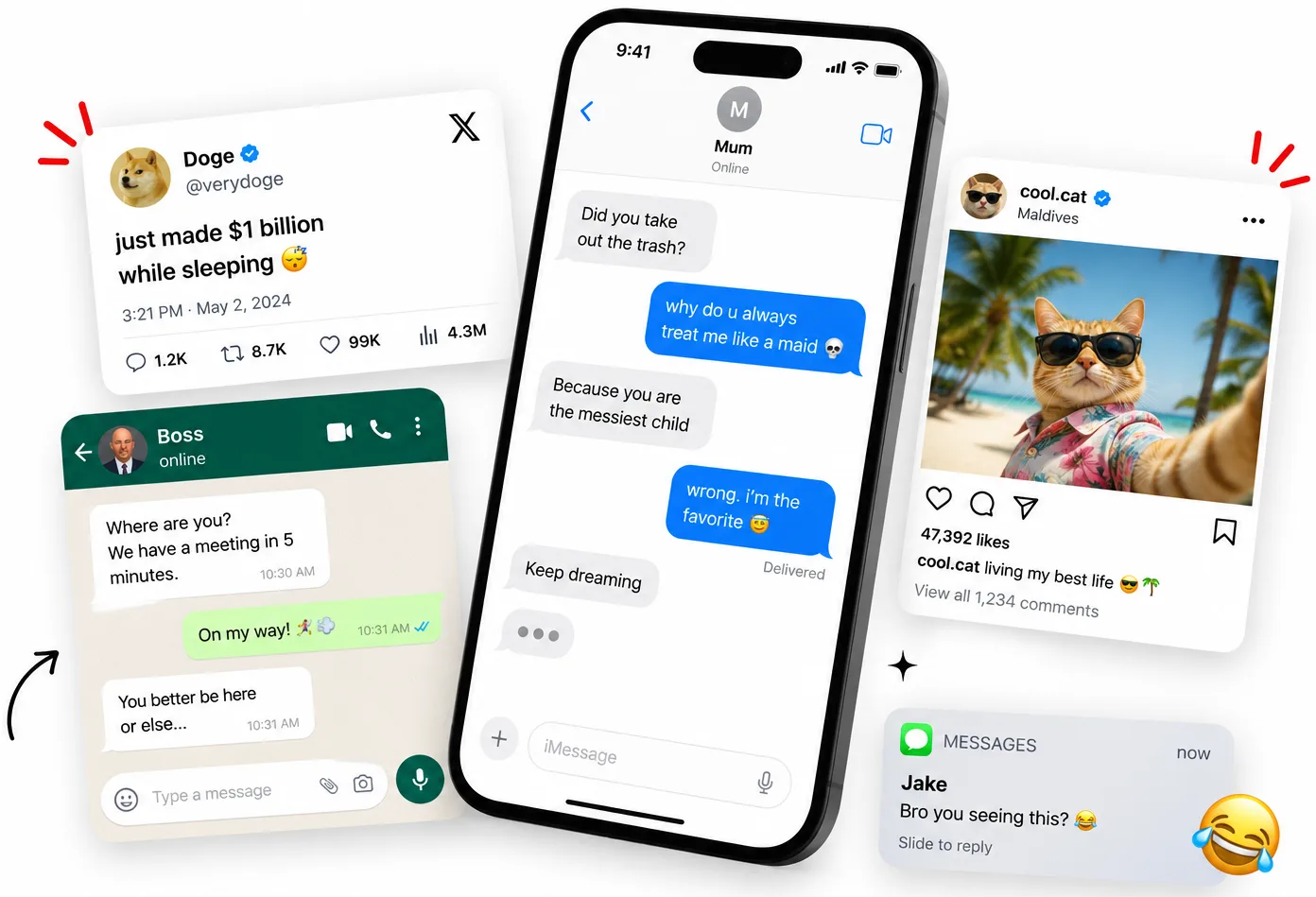 Fake screenshots made with Pranksters — a fake tweet, iMessage, WhatsApp chat, Instagram post and iPhone notification
