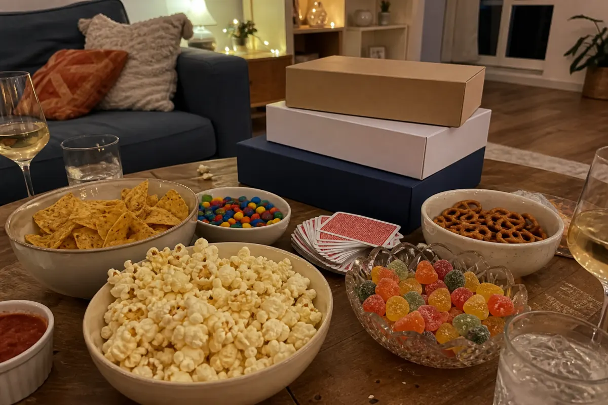 Snacks and games stacked on a coffee table for a house party