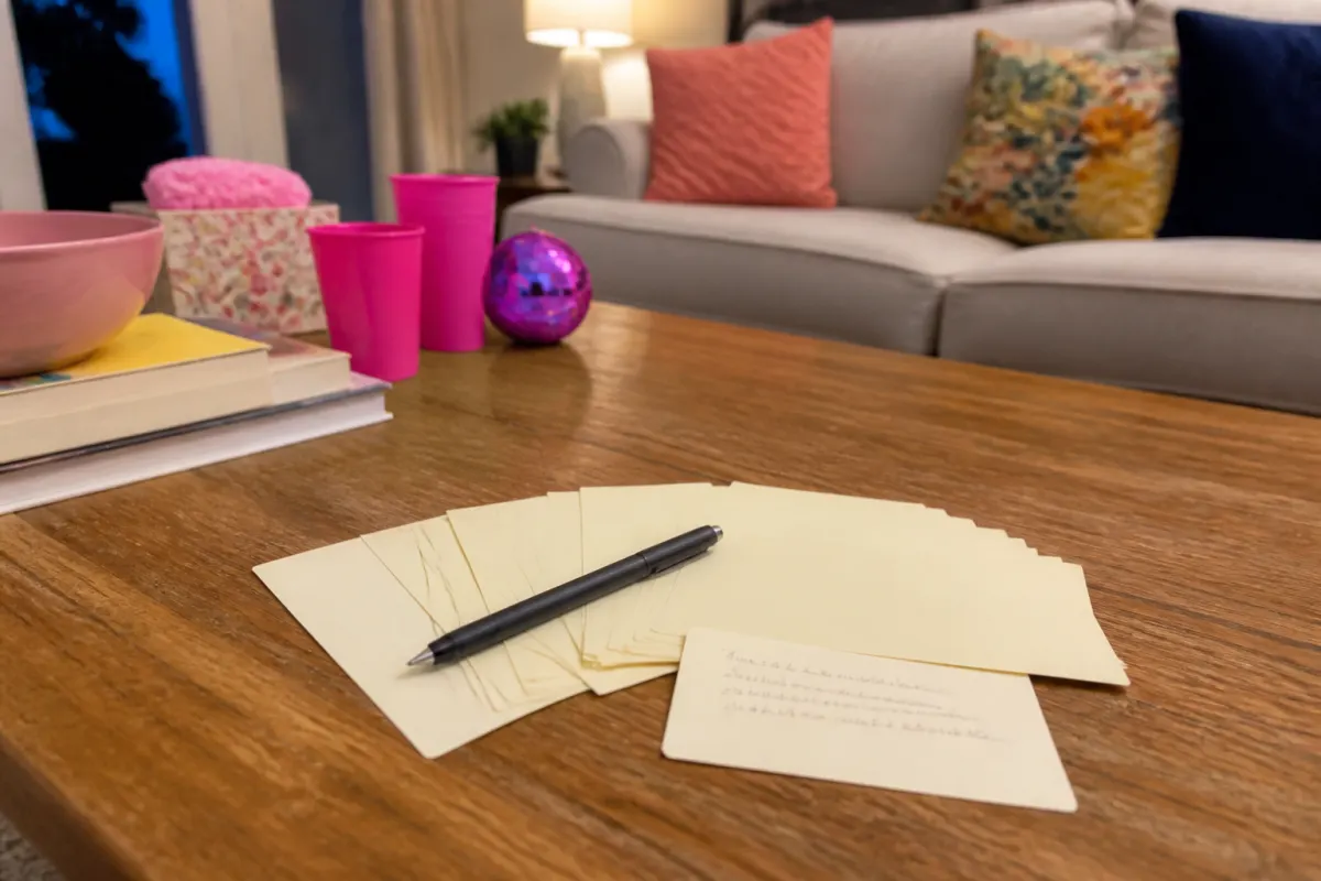 Handwritten question cards face down for a Mr and Mrs game