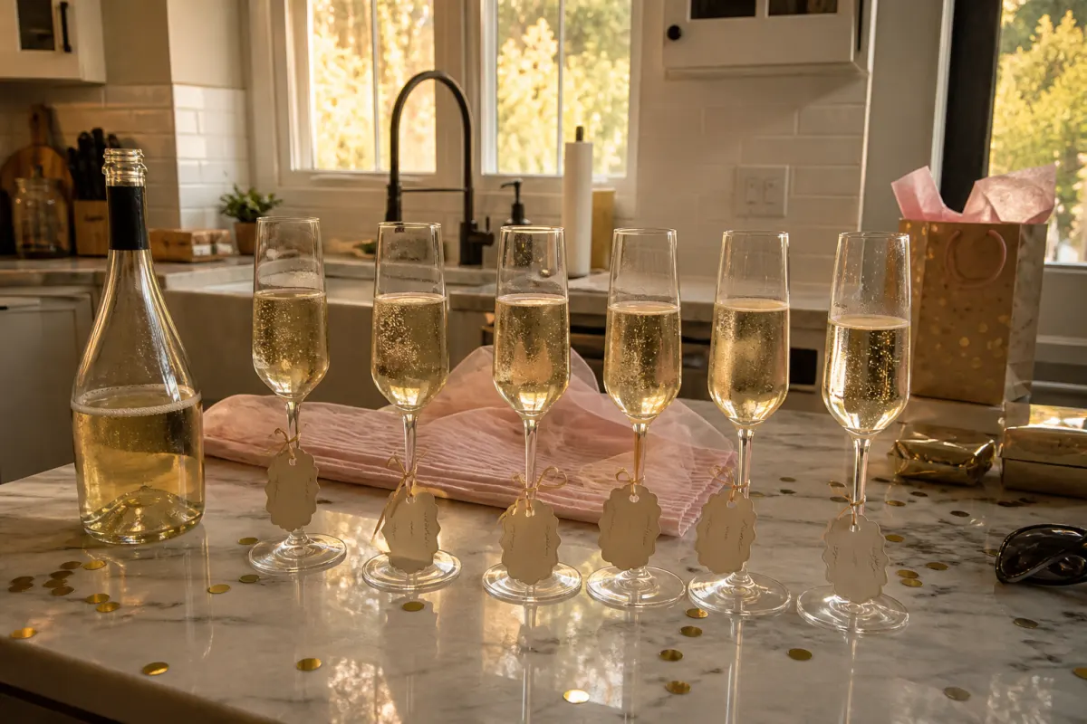Prosecco glasses with handwritten name tags for a bachelorette party