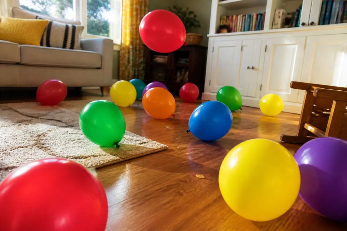Balloons scattered across a living room floor