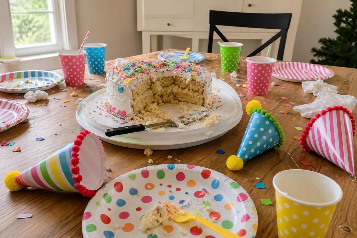 A birthday party table with paper cups and cake