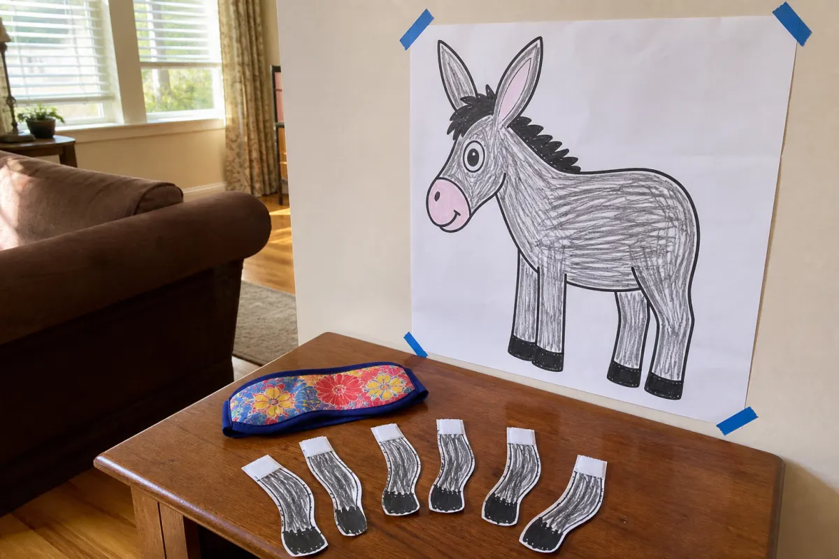 A blindfold and paper tails for pin the tail on the donkey