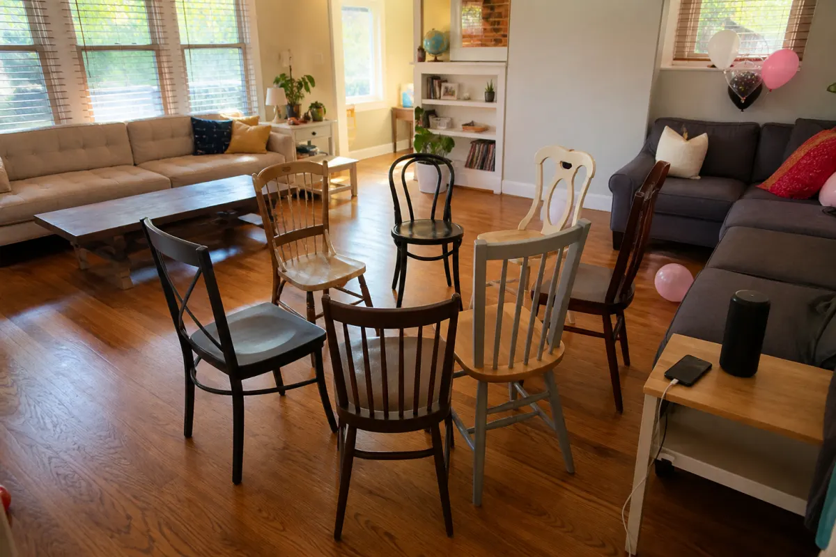 Chairs set out in a circle for musical chairs