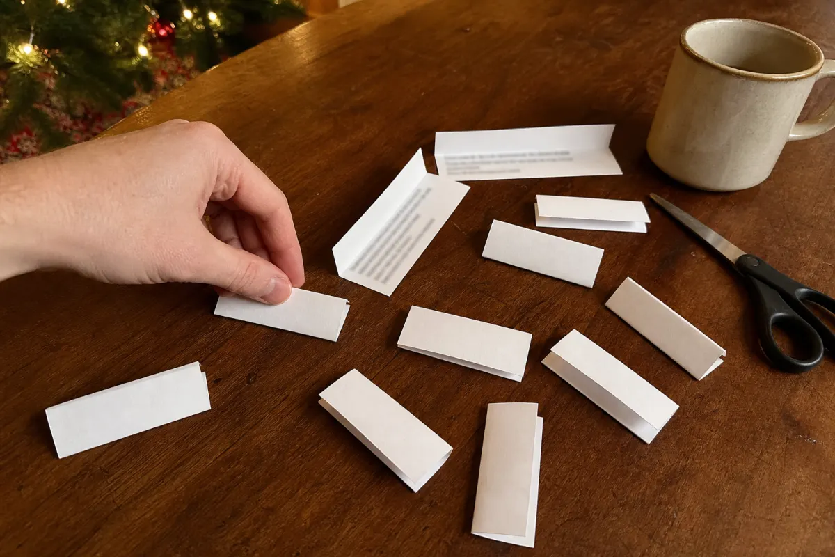 Paper strips with charades words cut out on a table
