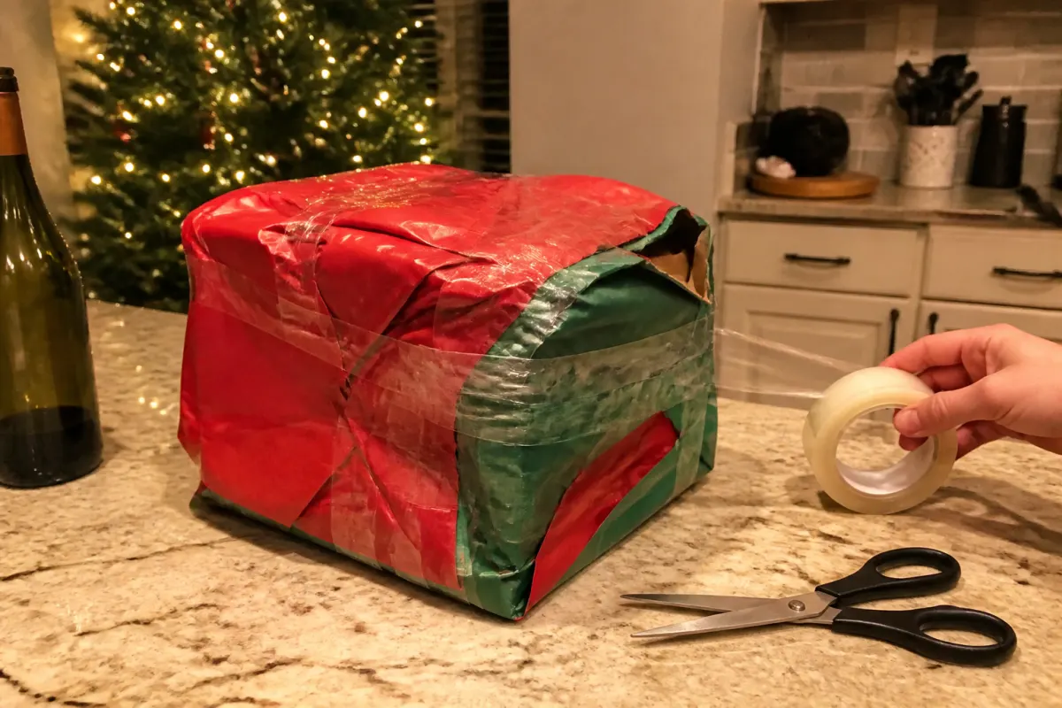 A present wrapped badly with one hand, covered in tape