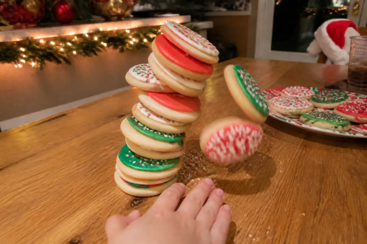 A stack of cookies toppling during a quick Christmas game