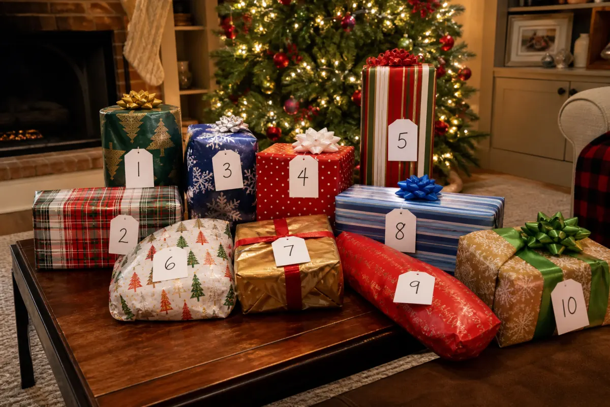 A pile of wrapped white elephant gifts with numbered tags