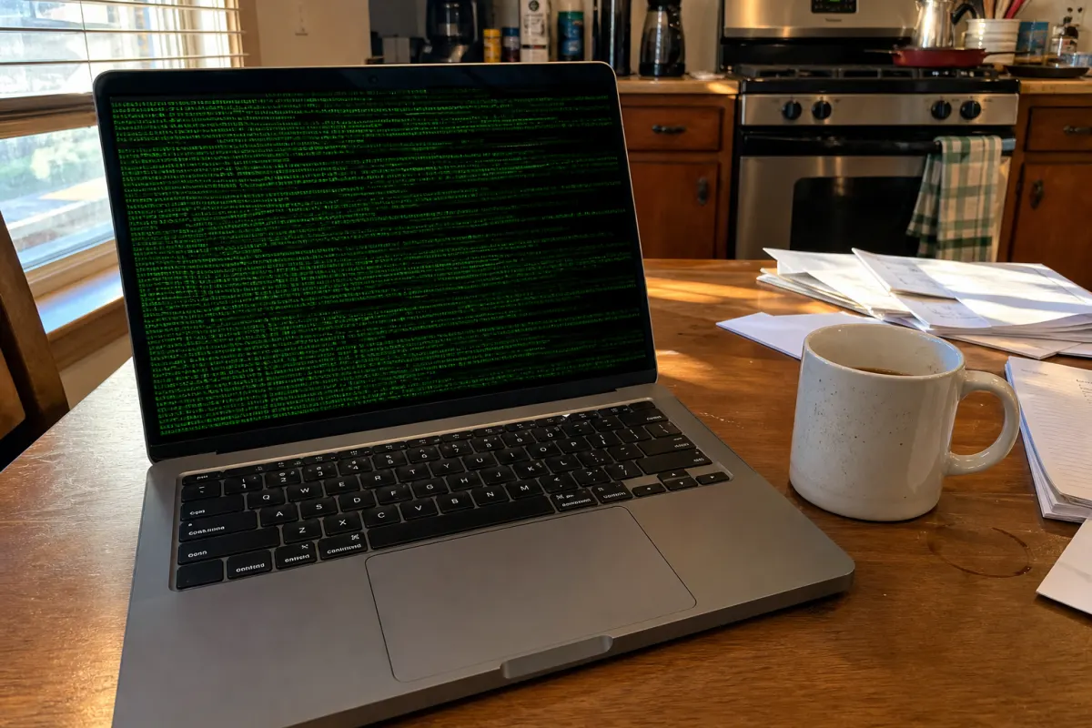 A laptop screen filled with scrolling green code