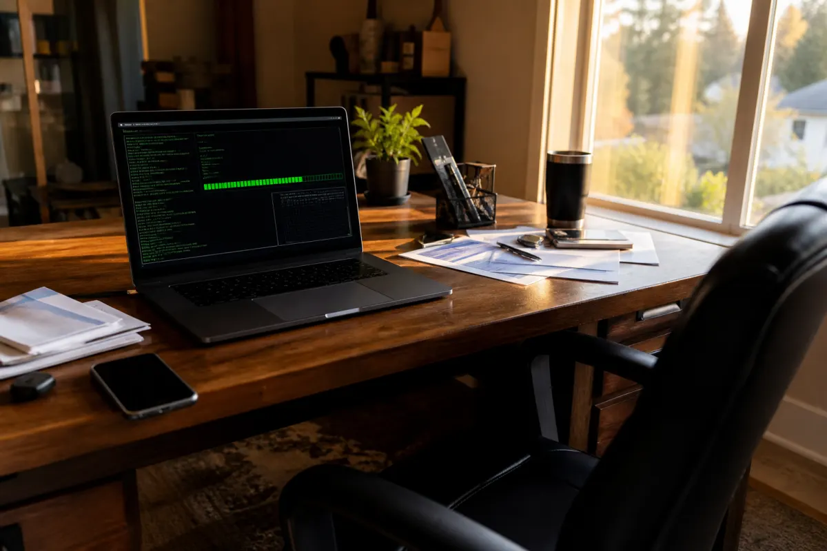 An abandoned laptop showing a fake hacking screen