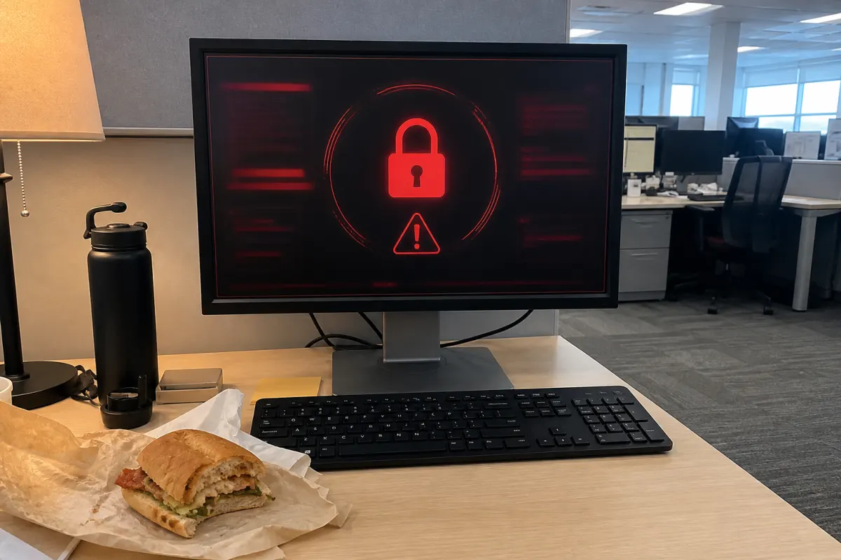 An office monitor showing a fake lock screen