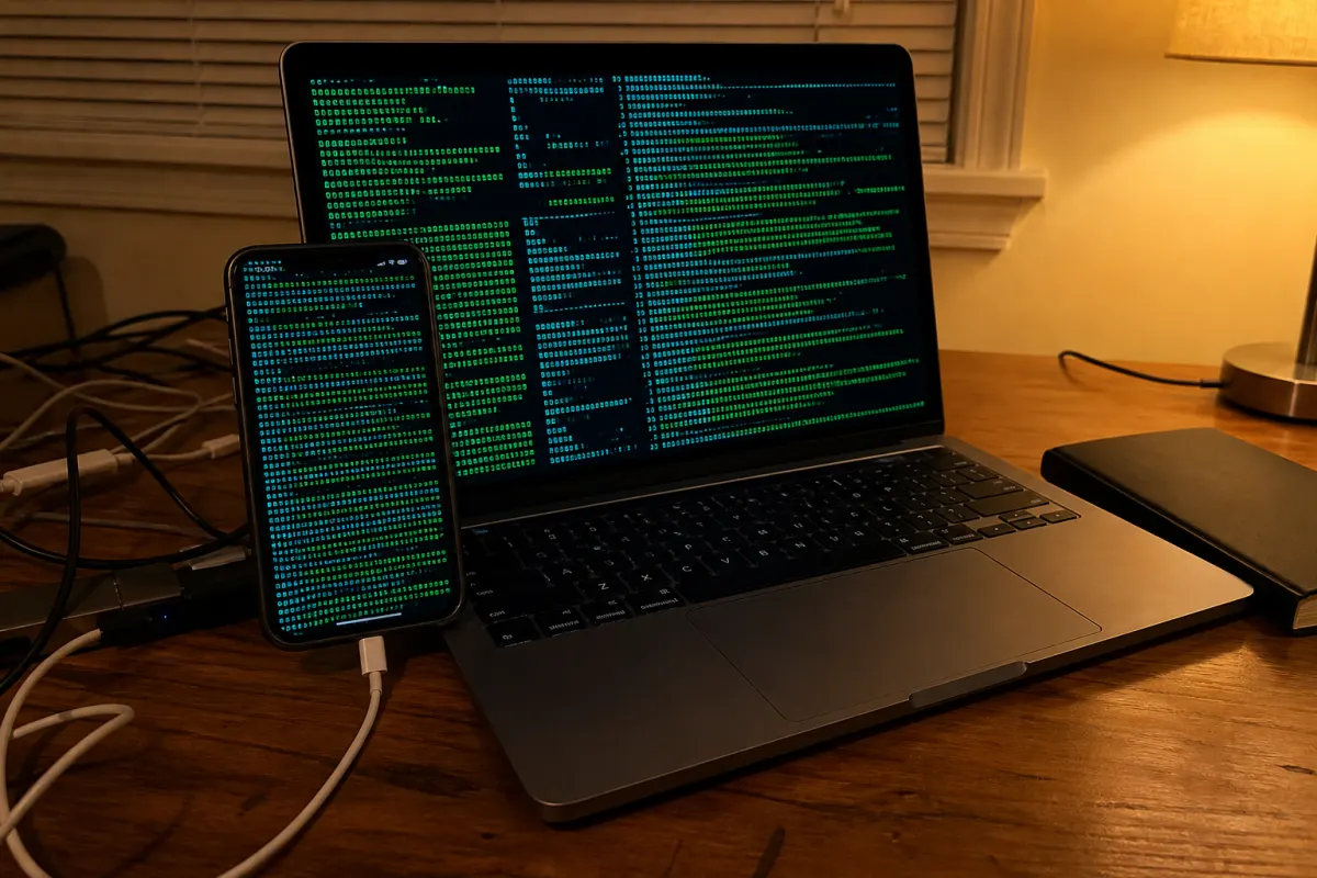 A phone and laptop both showing fake hacking screens
