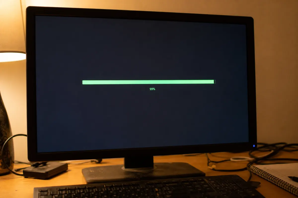 A progress bar stuck near completion on a dark screen