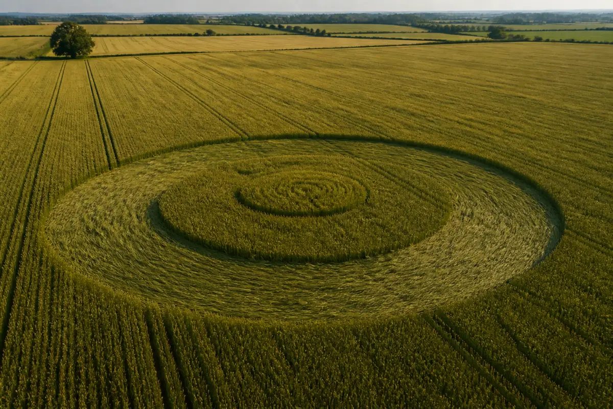 A circular pattern flattened into a crop field