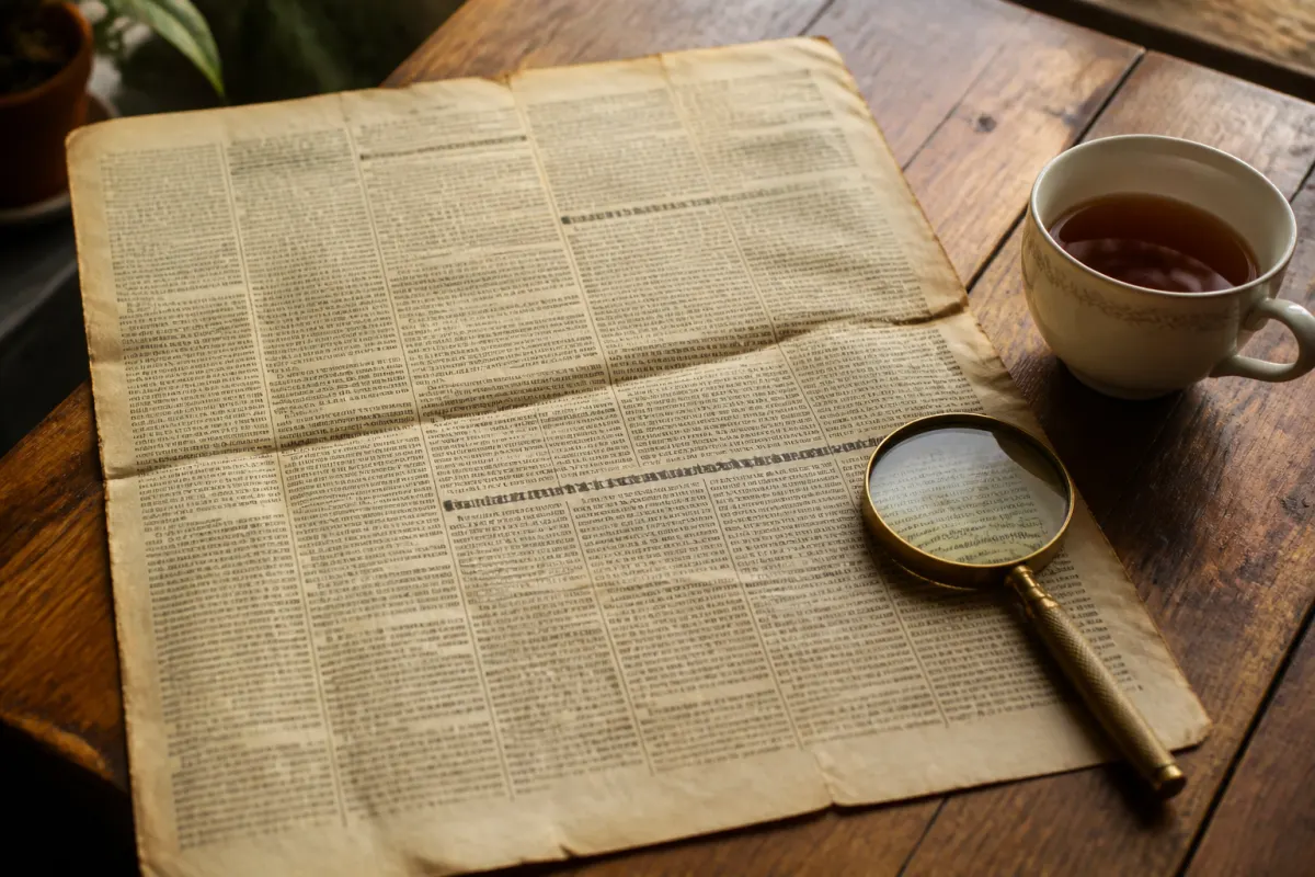 An old newspaper page spread on a table