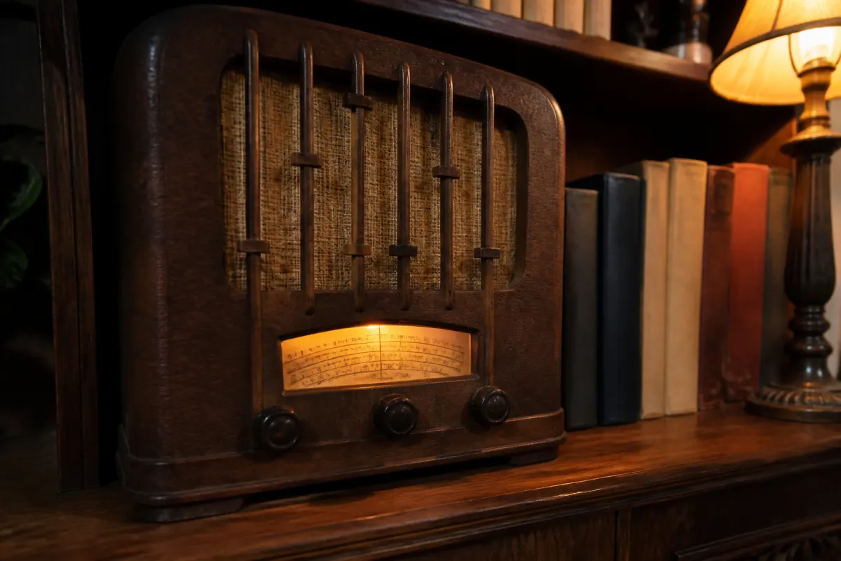 A vintage radio on a shelf