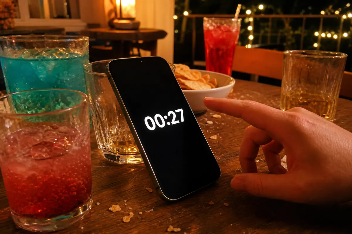A phone timer running beside drinks during a party game
