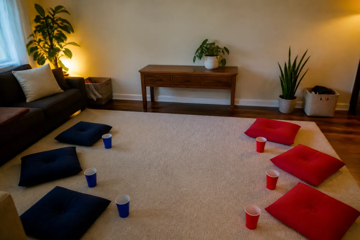 A living room cleared and split for a team game
