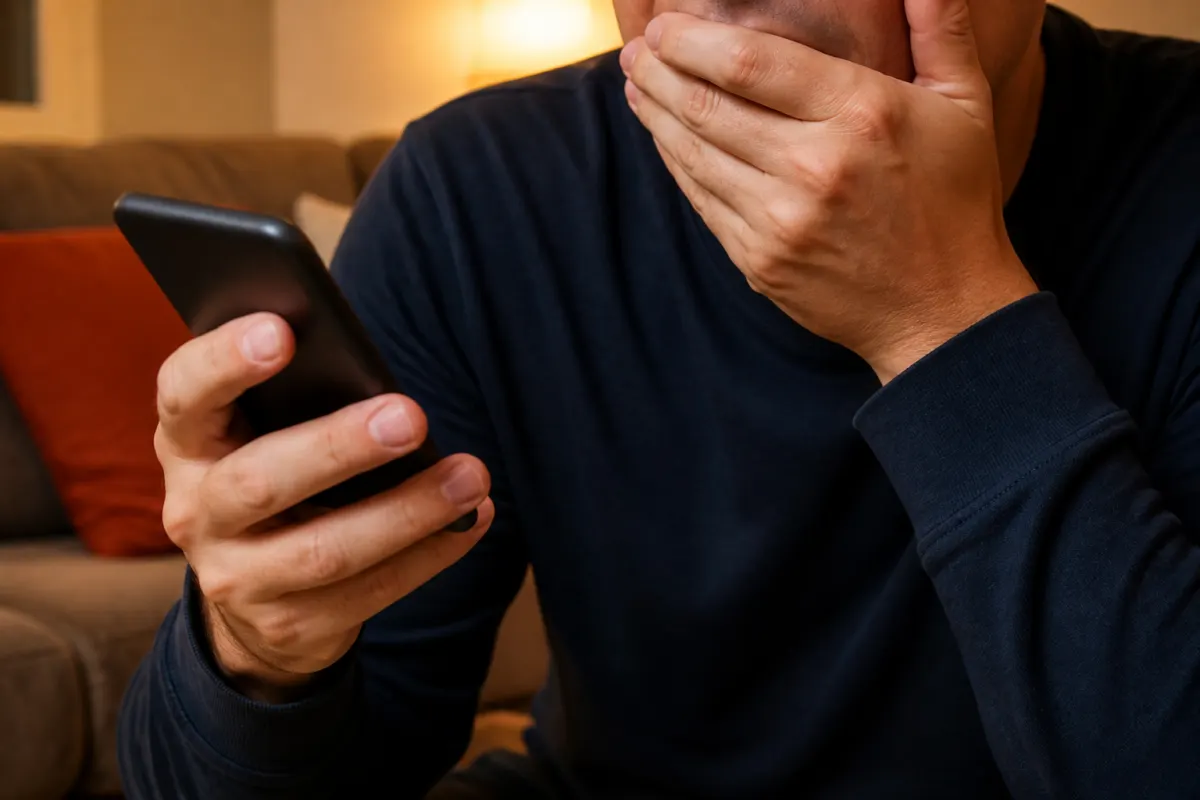 Someone hanging up a phone while stifling a laugh
