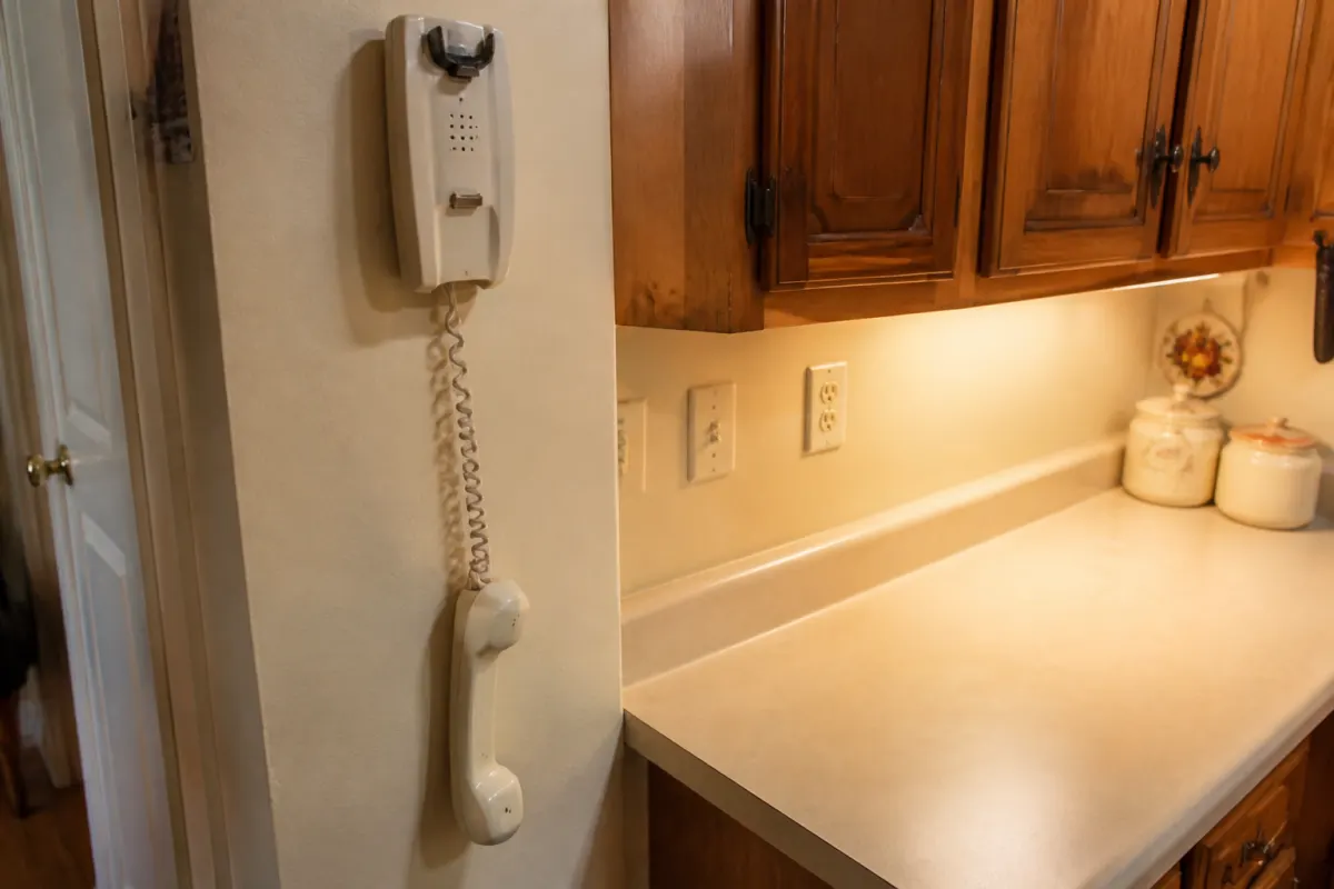 A landline handset hanging off the hook