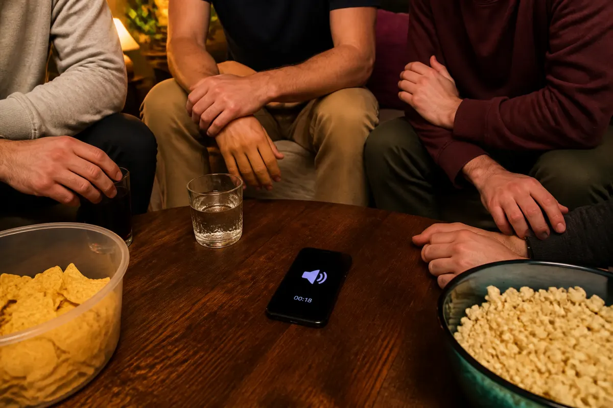 A phone on speakerphone with people leaning in to listen