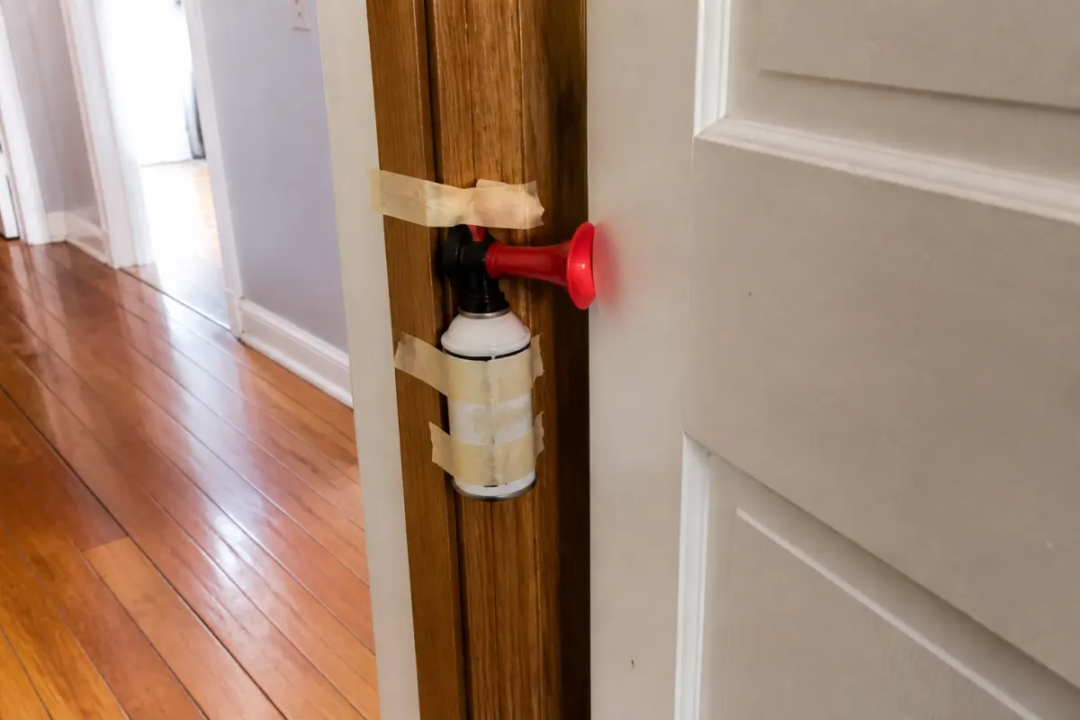 An air horn taped behind a door frame