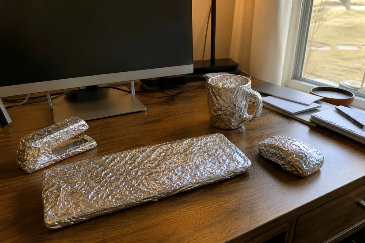 Desk items all wrapped in aluminium foil
