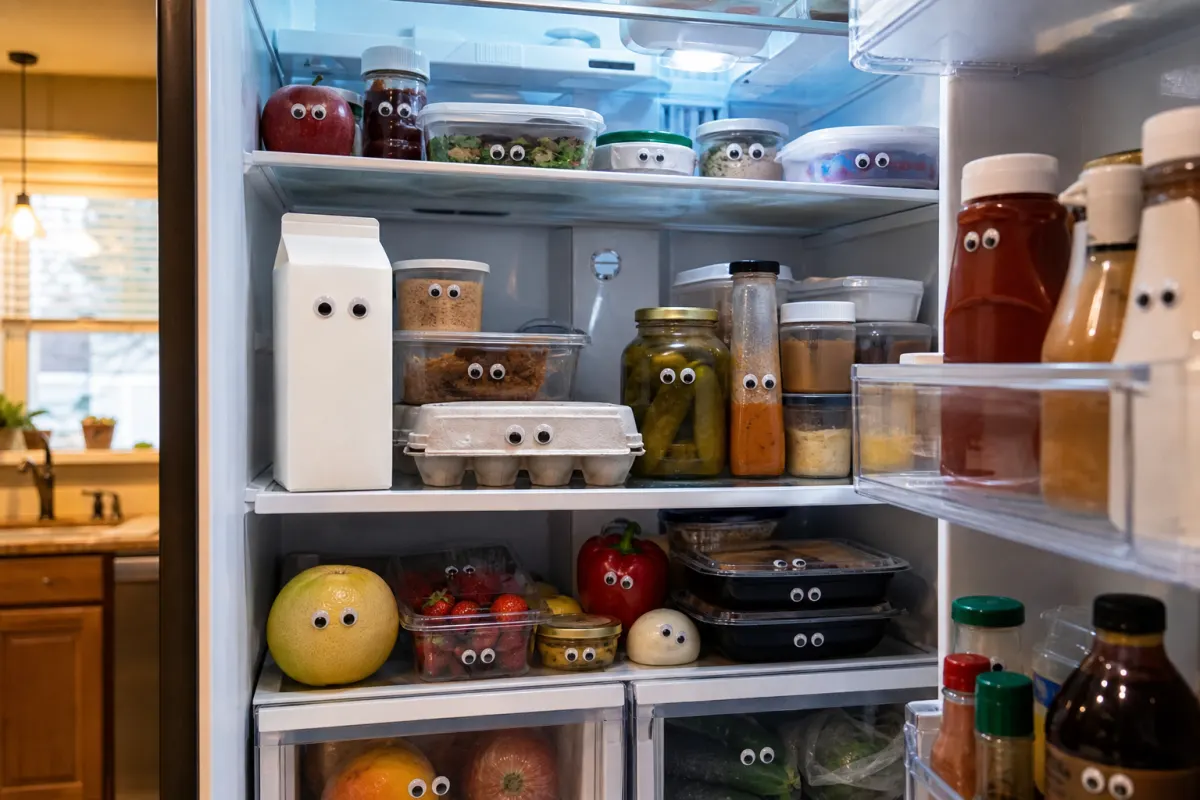 Googly eyes stuck onto items inside a fridge