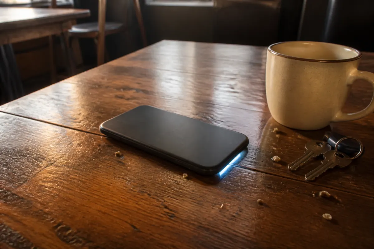 A phone face down on a table beside a coffee
