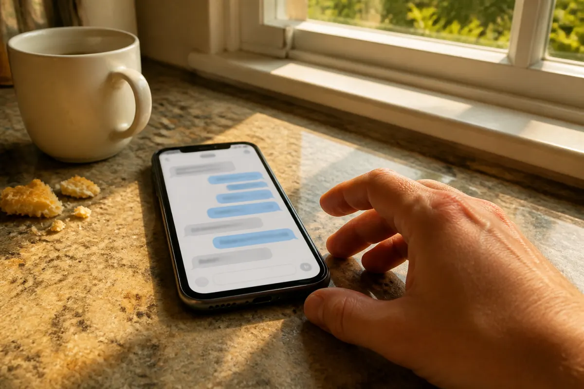 A phone on a counter showing an open text conversation