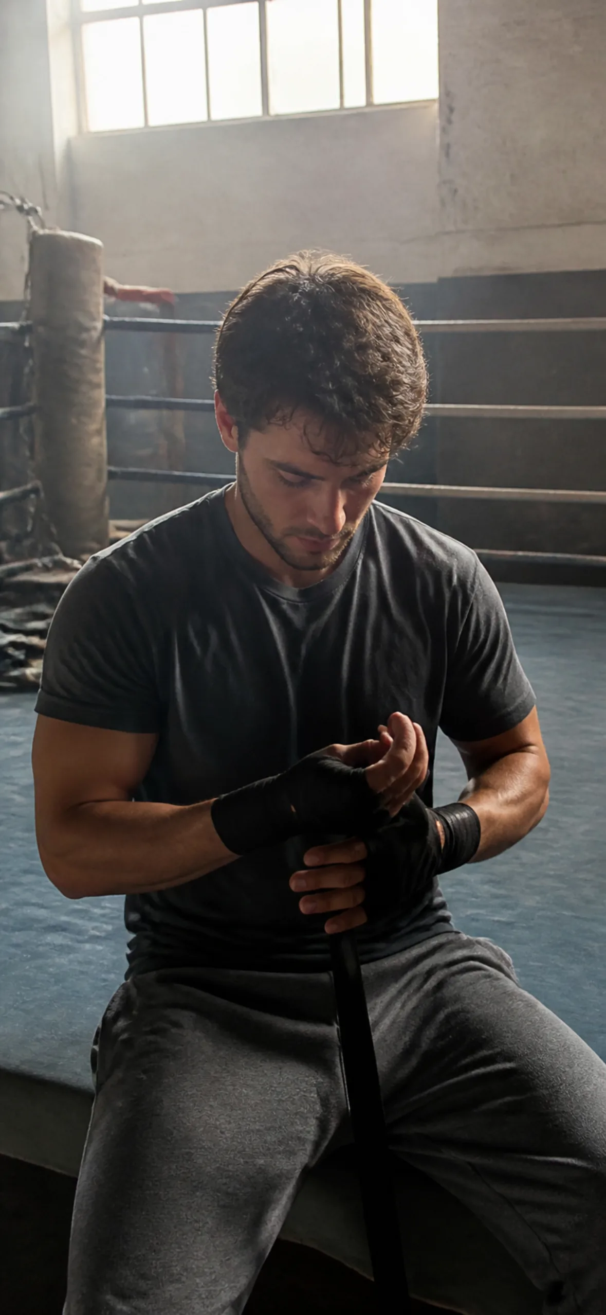 Fake call wallpaper — man wrapping his hands in a sunlit boxing gym