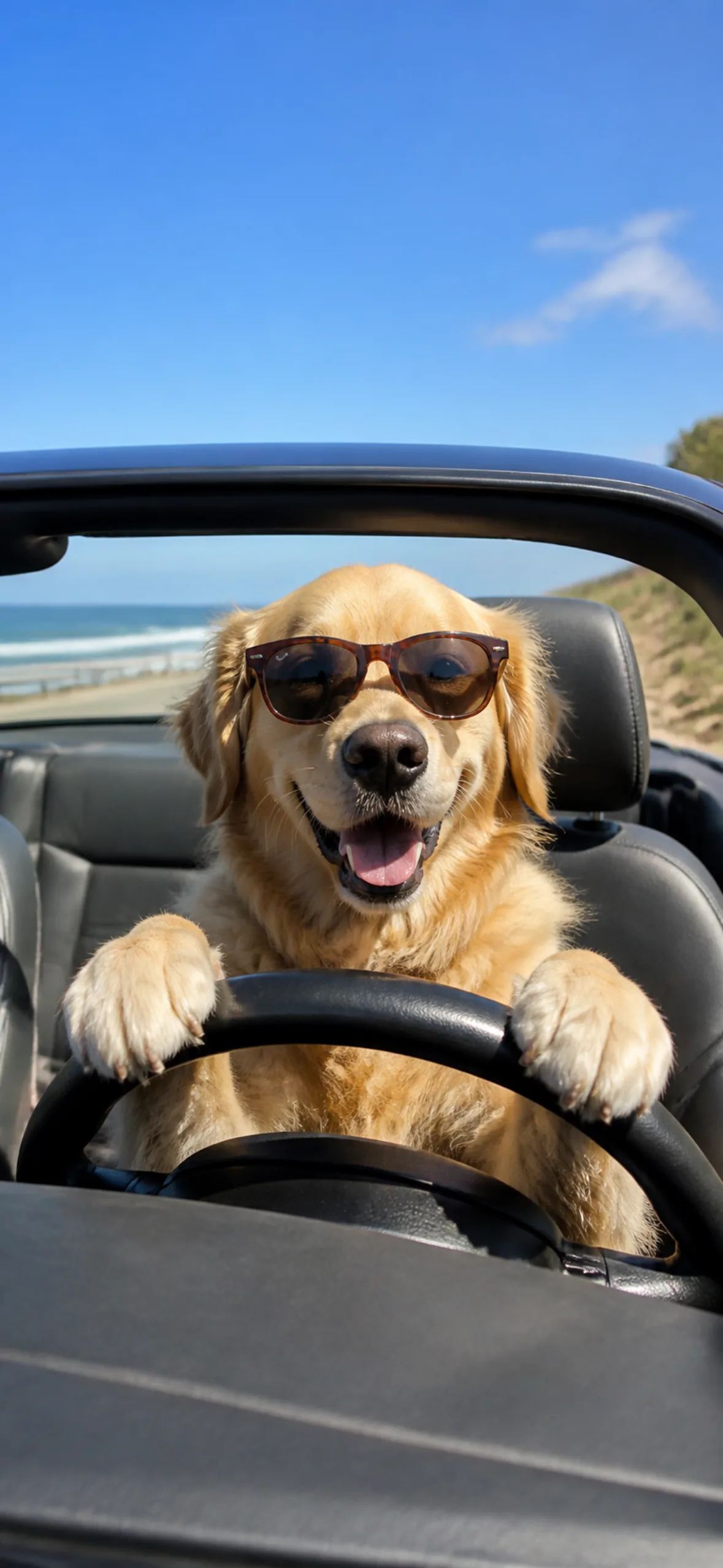 Funny phone wallpaper — golden retriever in sunglasses at the wheel of a convertible