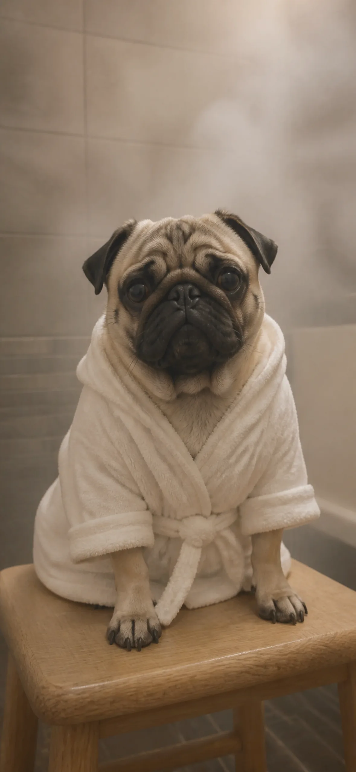 Funny phone wallpaper — pug sitting upright in a miniature bathrobe