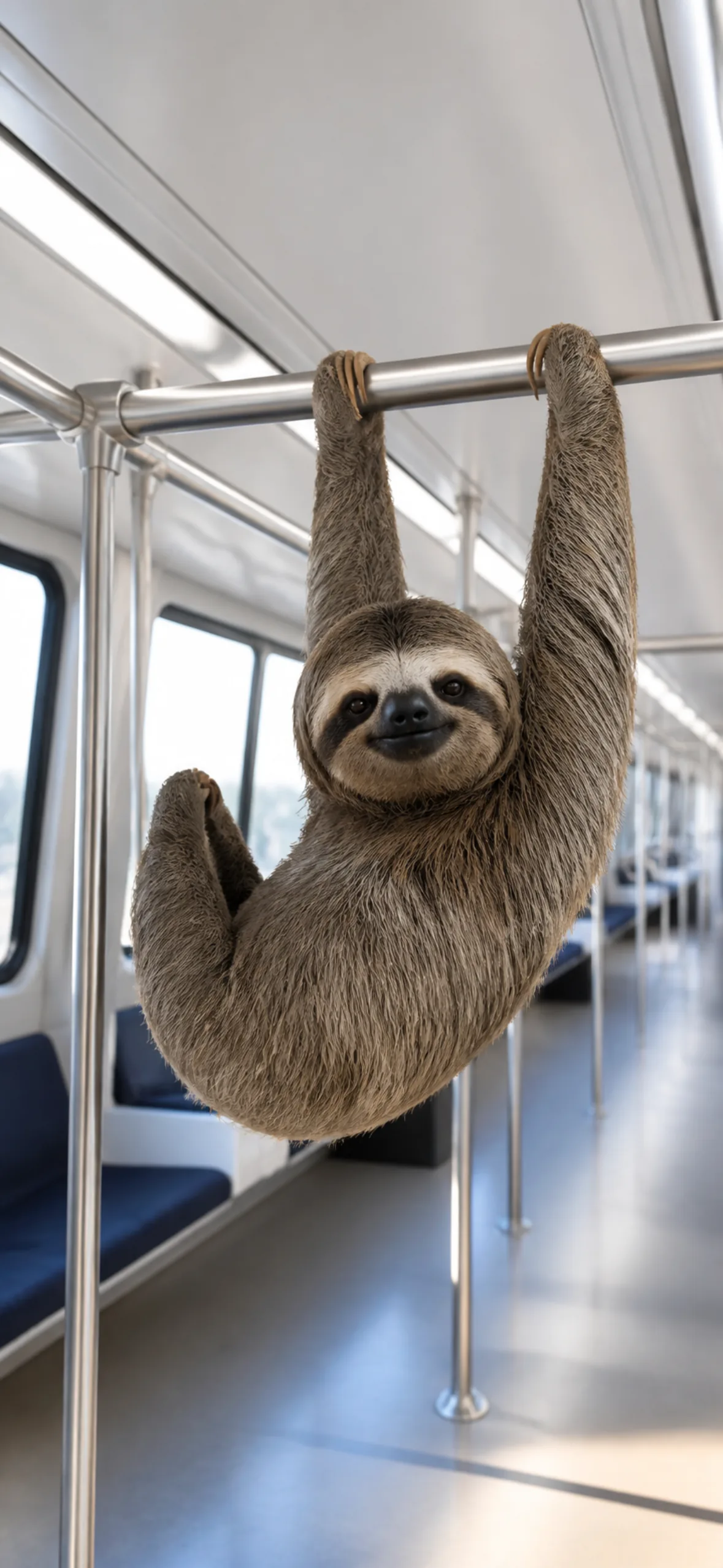 Funny phone wallpaper — sloth hanging from a handrail on a train