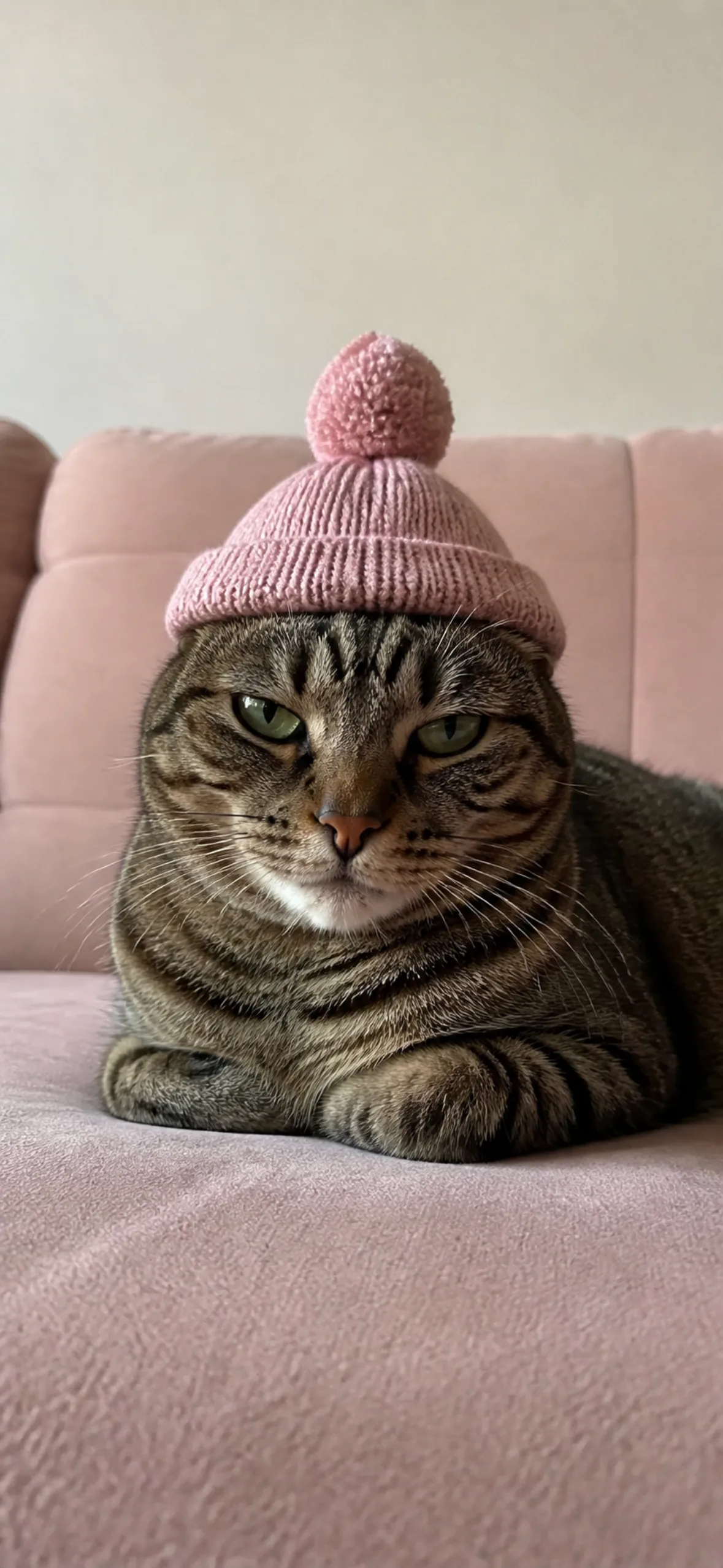 Funny wallpaper for phone — very serious cat wearing a tiny bobble hat