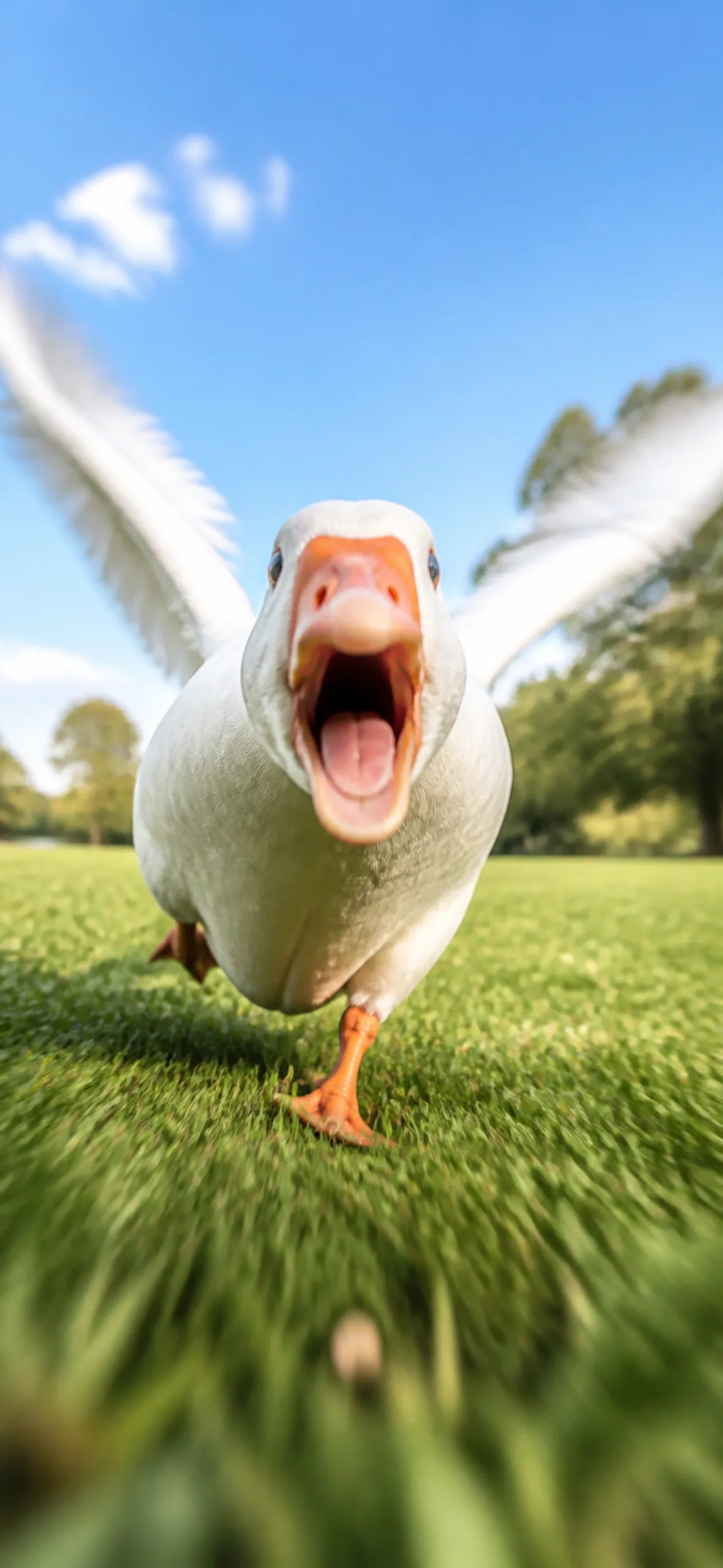 Funny wallpaper for phone — goose mid-honk charging at the camera