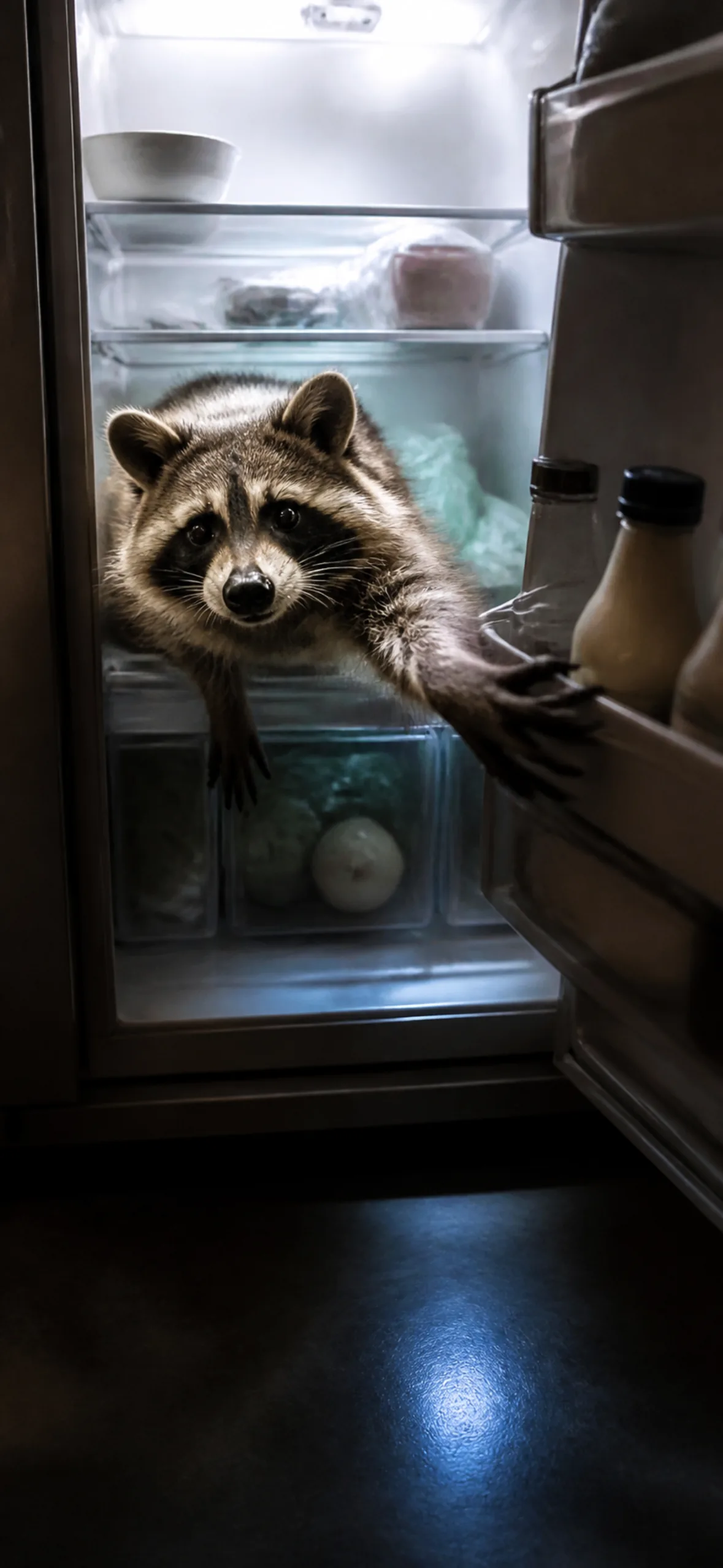 Funny wallpaper for phone — raccoon caught mid-raid inside a fridge at night