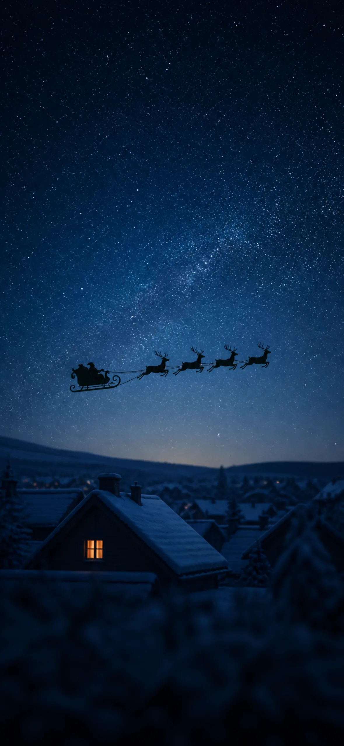 iPhone lock screen wallpaper — Santa's sleigh crossing a starry sky above snowy rooftops