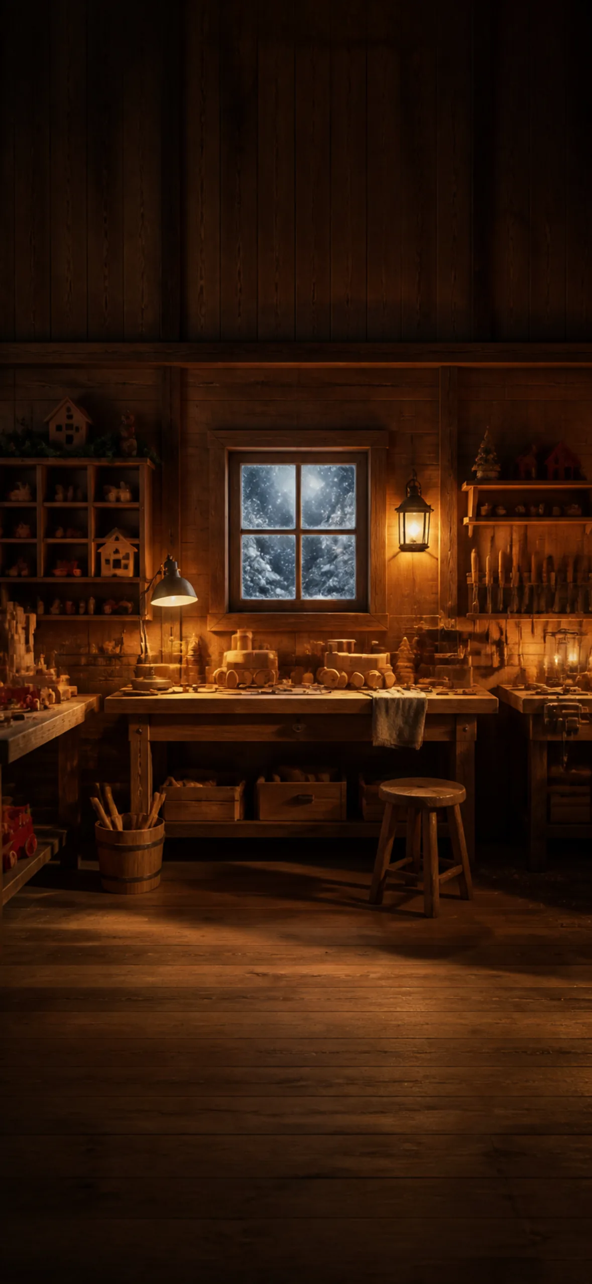 iPhone wallpaper — a cosy North Pole toy workshop with wooden benches and warm lamplight