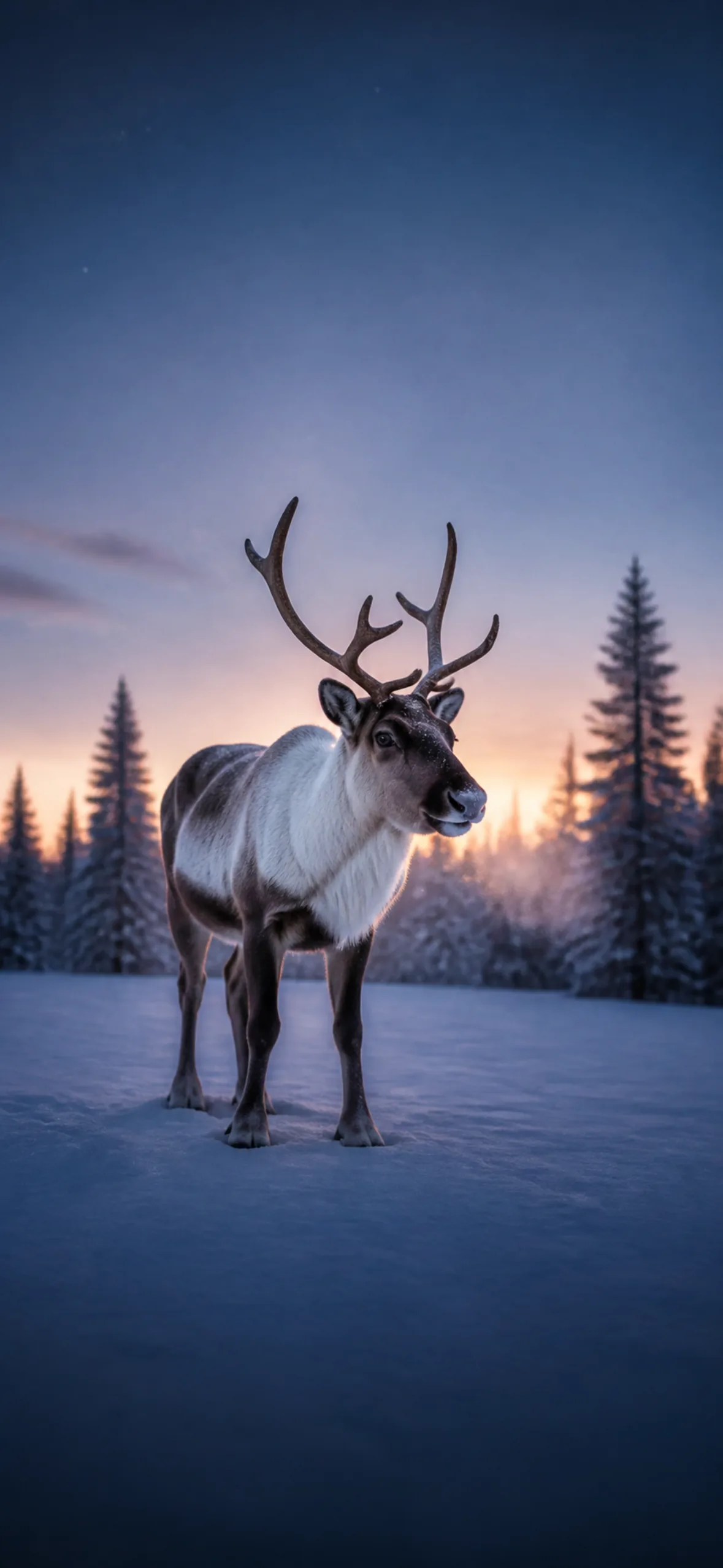 4k phone wallpaper — a reindeer standing in fresh snow at blue hour with pine trees behind
