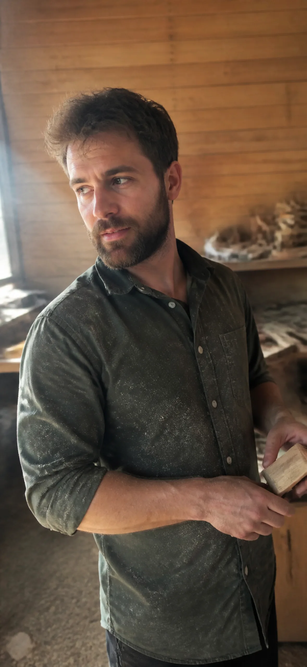 Phone wallpaper — man in a woodworking shop with sawdust in the light